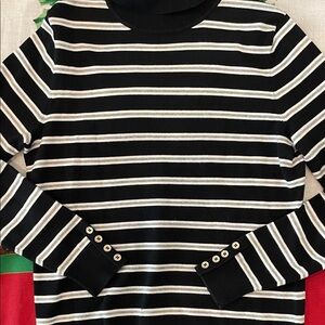 Tommy Hilfiger Black, White and Gray Striped Women's Turtleneck w Gold buttons.